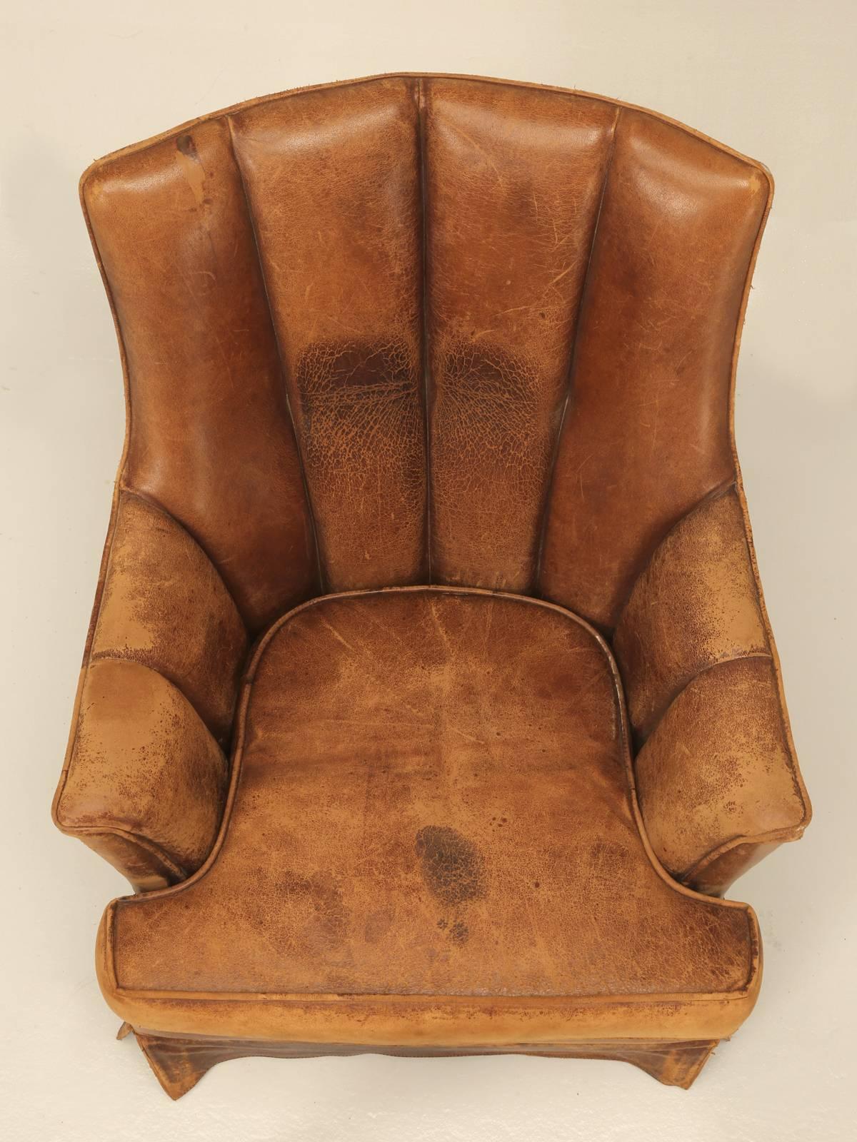 Mid-20th Century French Leather Armchair with Magazine Pocket