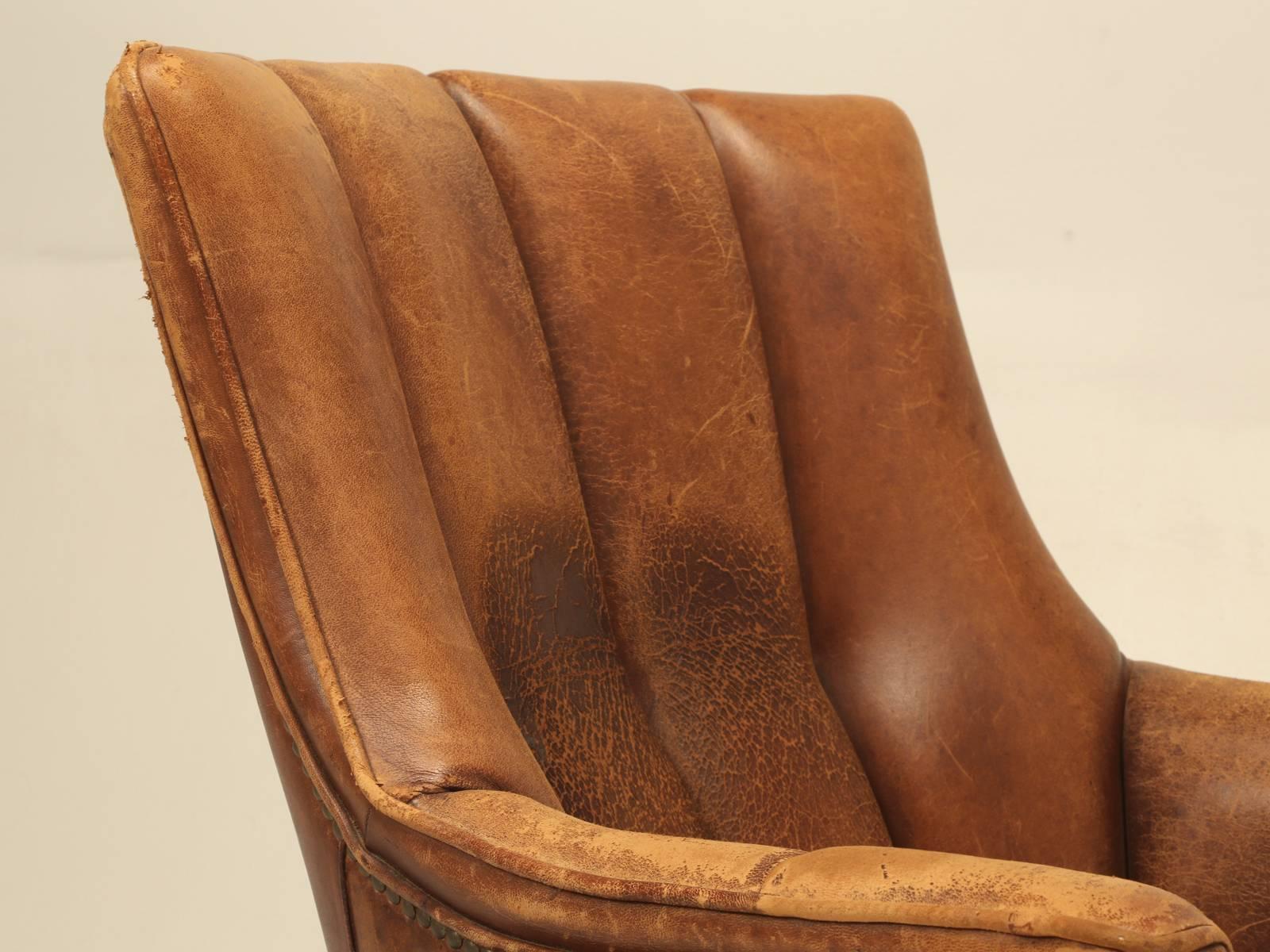 French Leather Armchair with Magazine Pocket In Good Condition In Chicago, IL