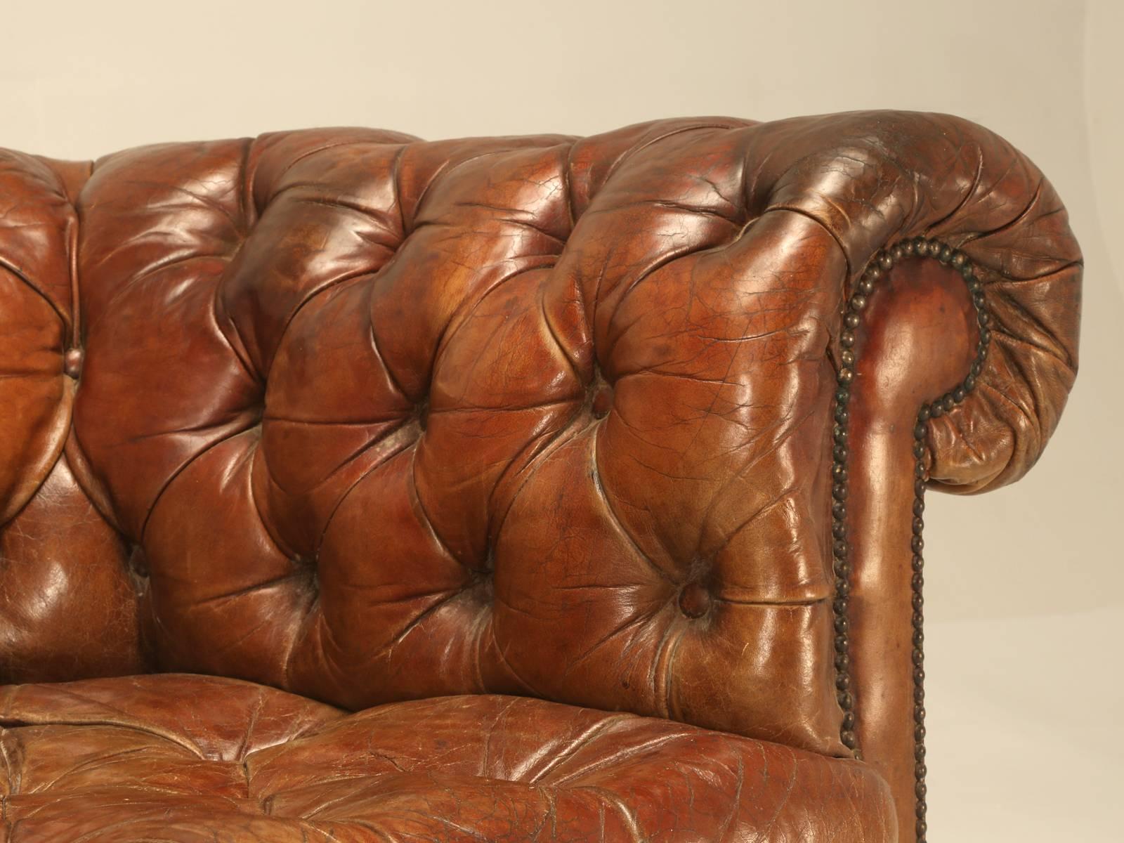 British Antique Leather Chesterfield Sofa in Original Leather