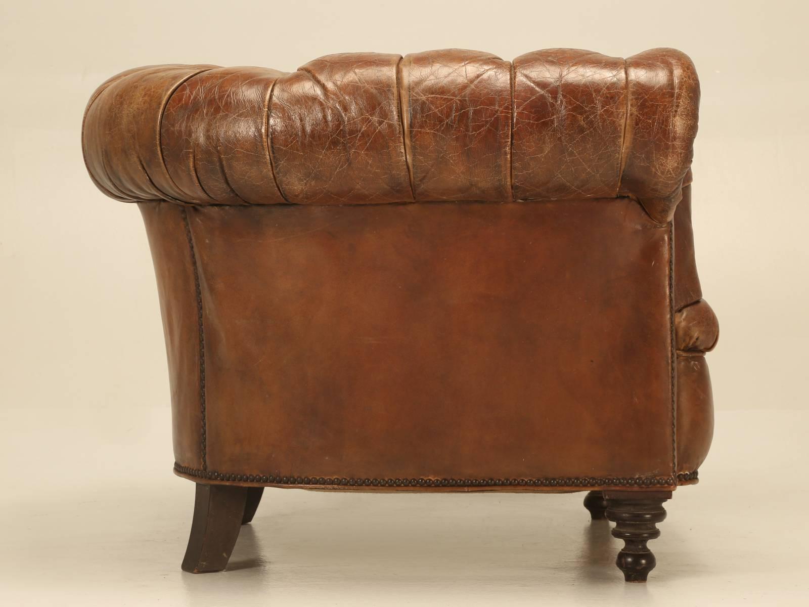 Antique Chesterfield Chair in Original Leather and Horsehair Stuffing circa 1900 In Good Condition In Chicago, IL