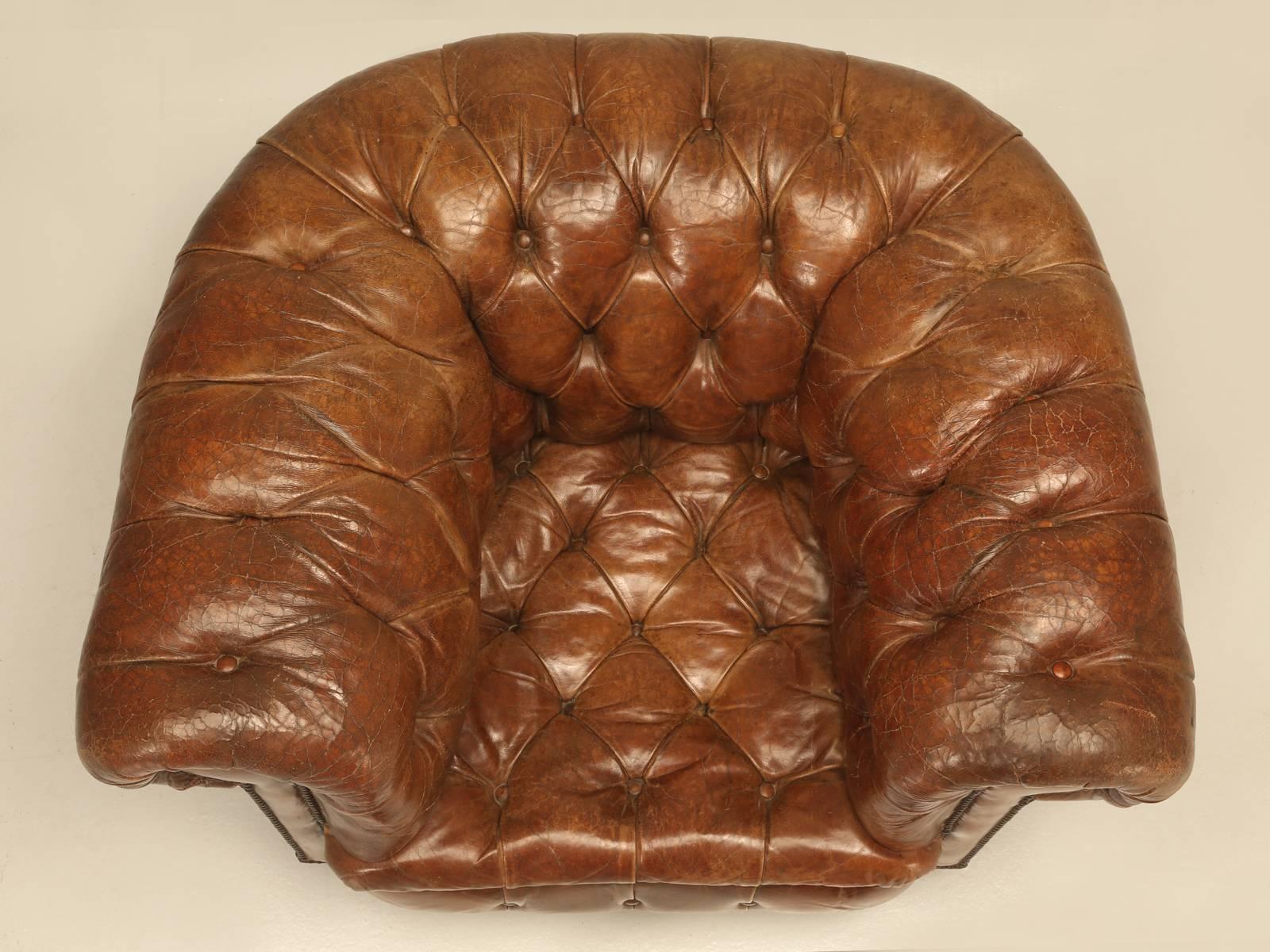 One of the best real antique (over 100 years old) unrestored leather English Chesterfield chair I have every owned. The best thing about this all original English Chesterfield, is that no one tried to restore the chair, or re-dye the leather. The
