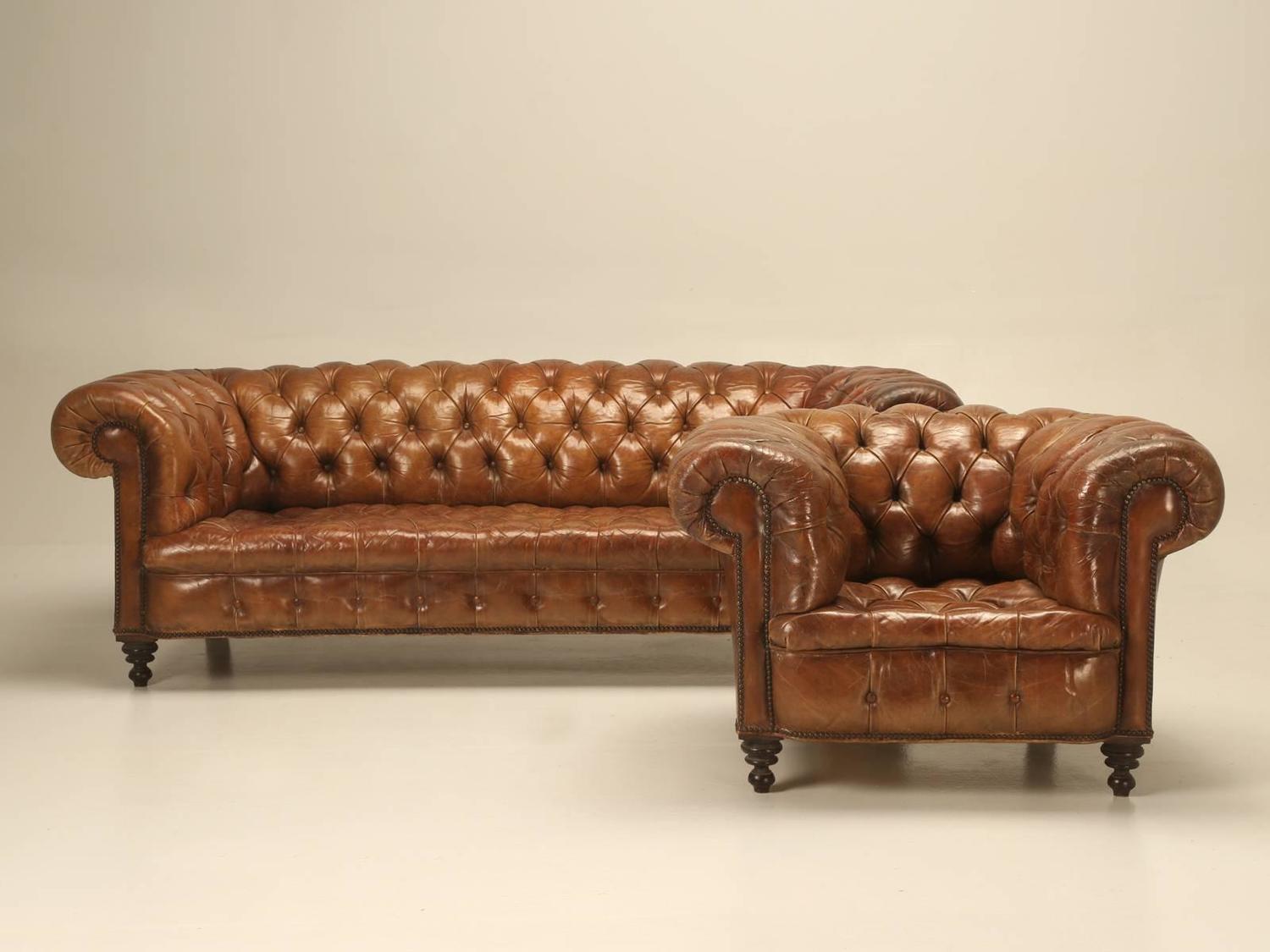 Antique Chesterfield Chair in Original Leather For Sale at 1stdibs