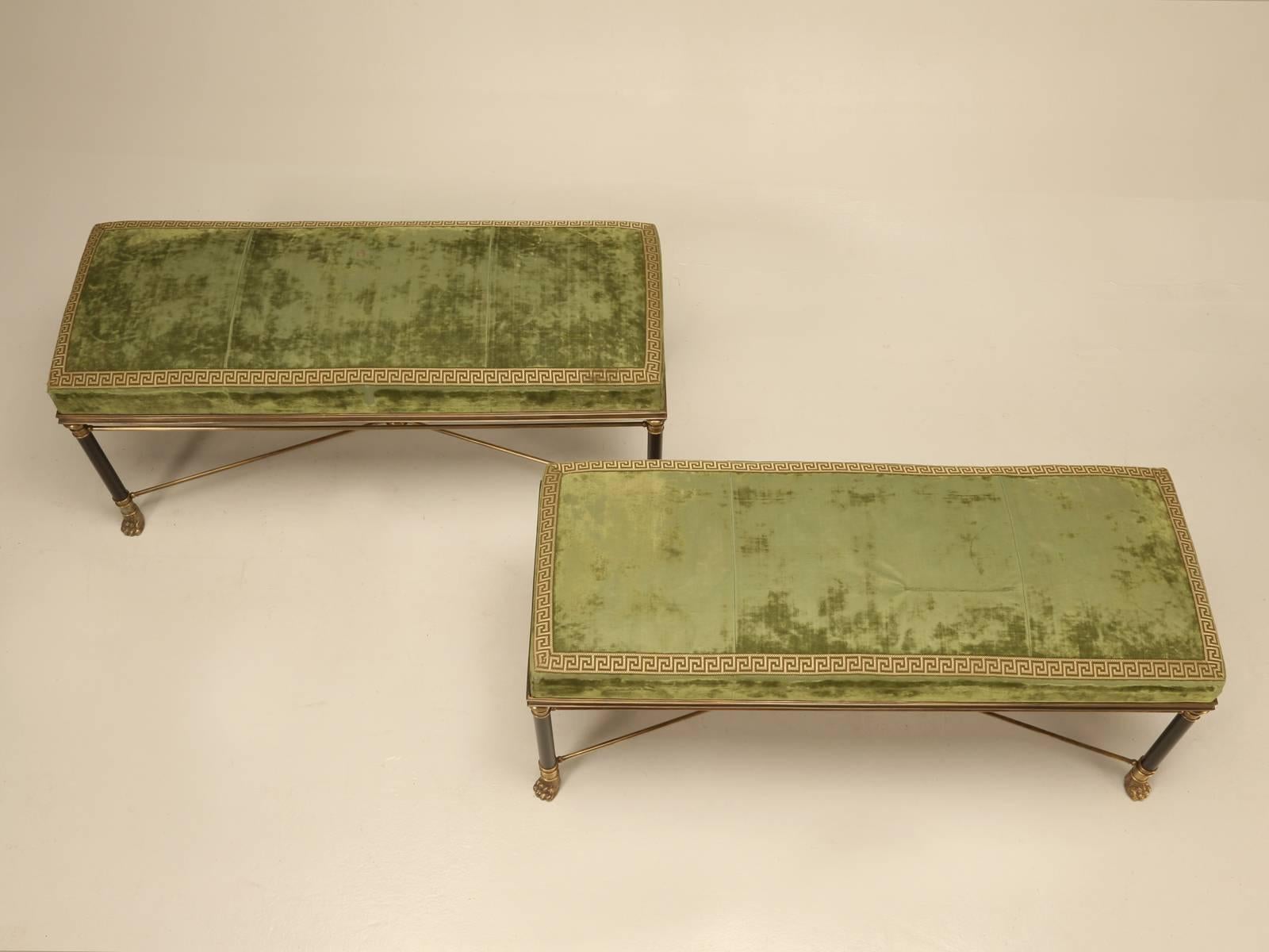 Exquisite matching pair of French bronze, brass and lacquered benches, still in their original silk velvet, with a wonderful gold Greek key edging. No, the fabric is not perfect and you can certainly see the old repairs and spots, but somehow it