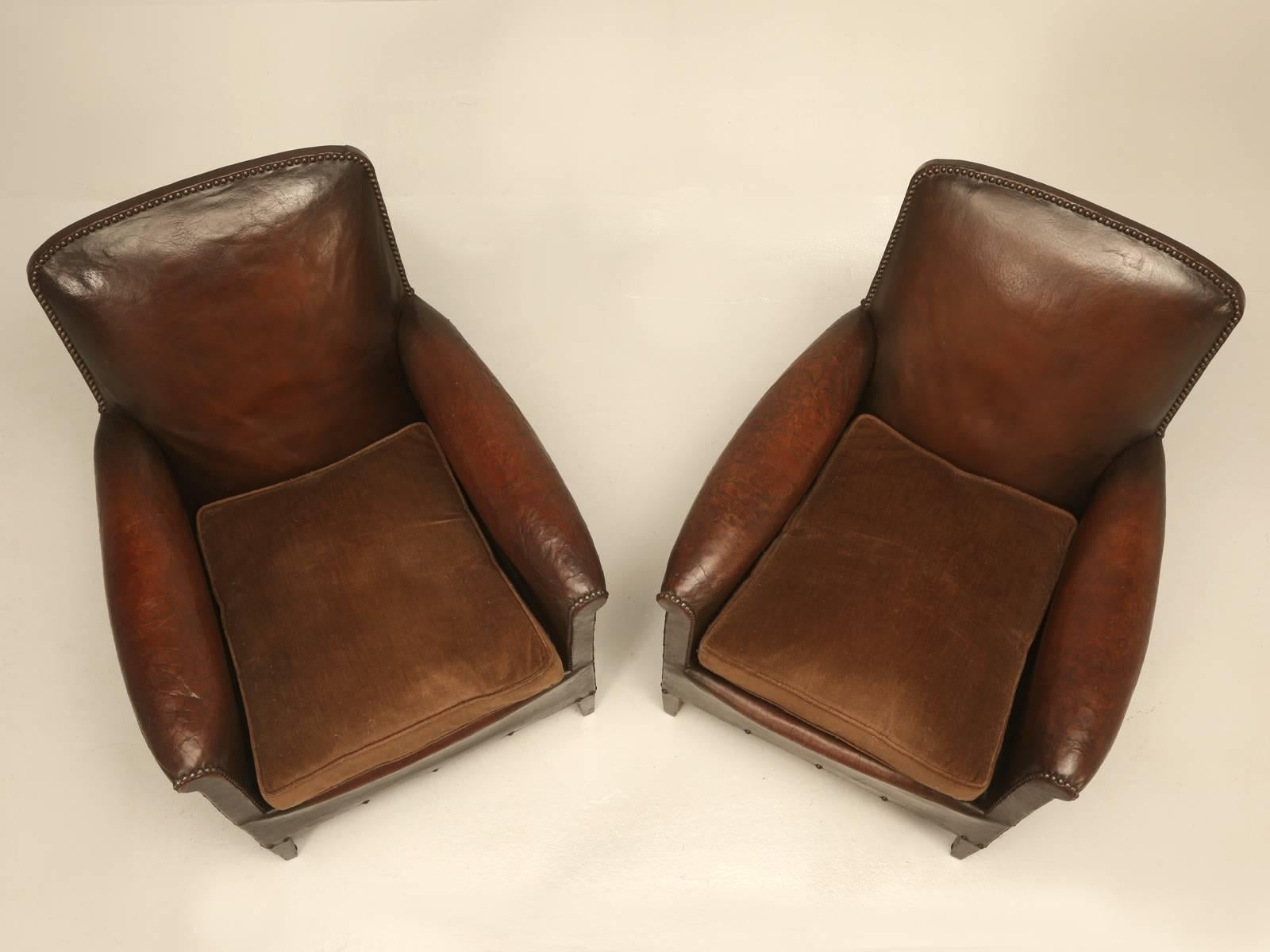 French Leather Club Chairs in Original Leather In Good Condition In Chicago, IL