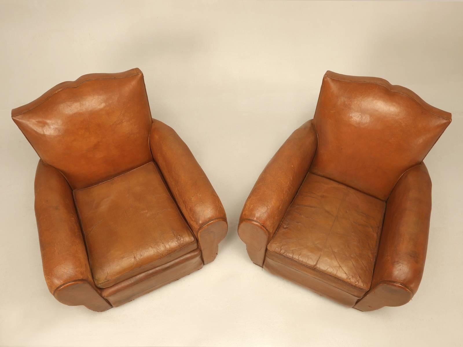 French Leather Club Chairs in a Moustache Style In Good Condition In Chicago, IL