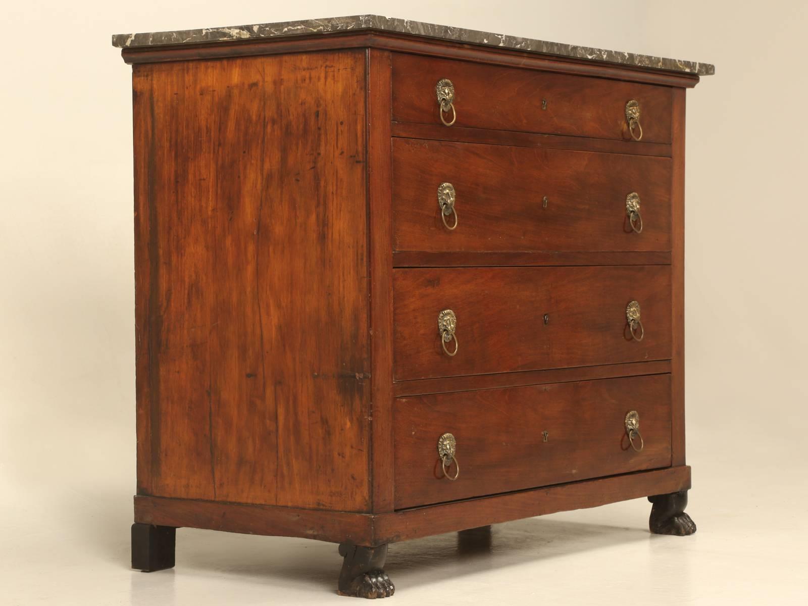 Antique French Walnut Commode with great feet, that we found not too far from the Old Plank warehouse in Toulouse.
We decided not to restore the exterior finish, but rather enhance what was already there and try to save as much of the original