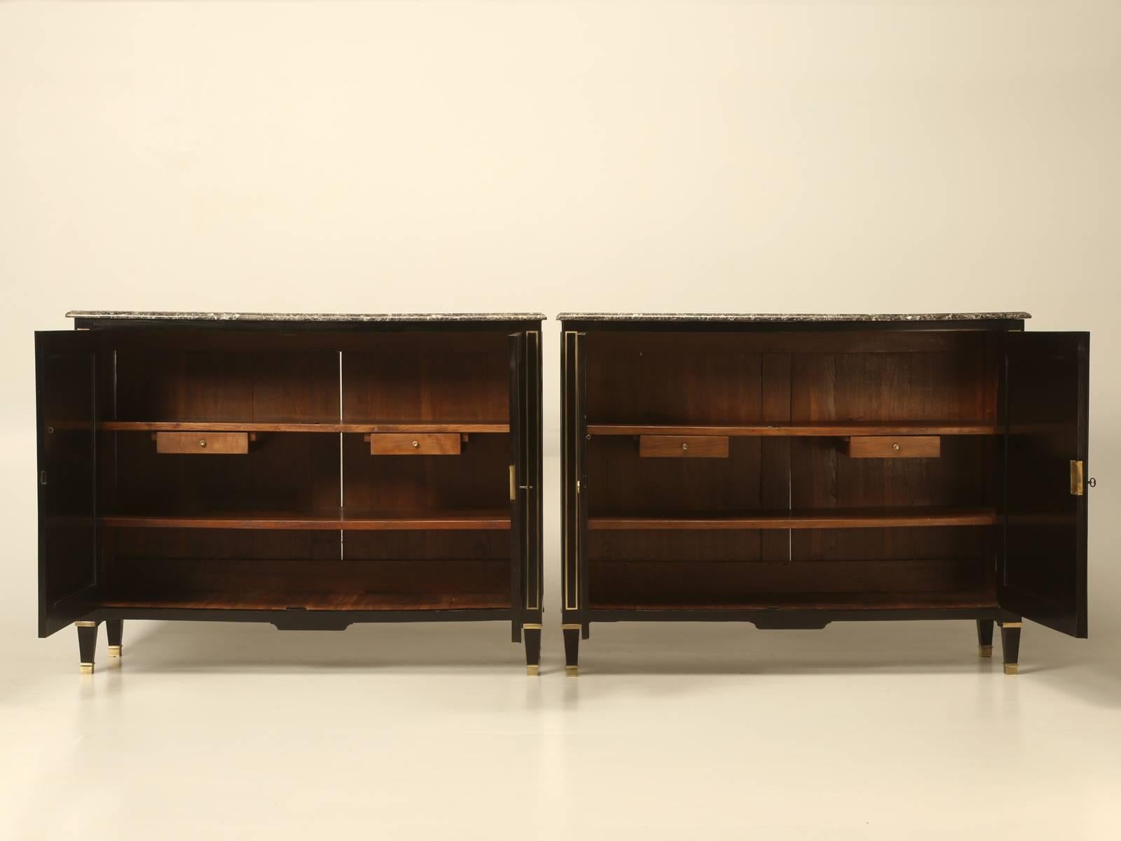 Pair of Matching Directoire Style Ebonized Buffets with Original Marble Tops For Sale 2