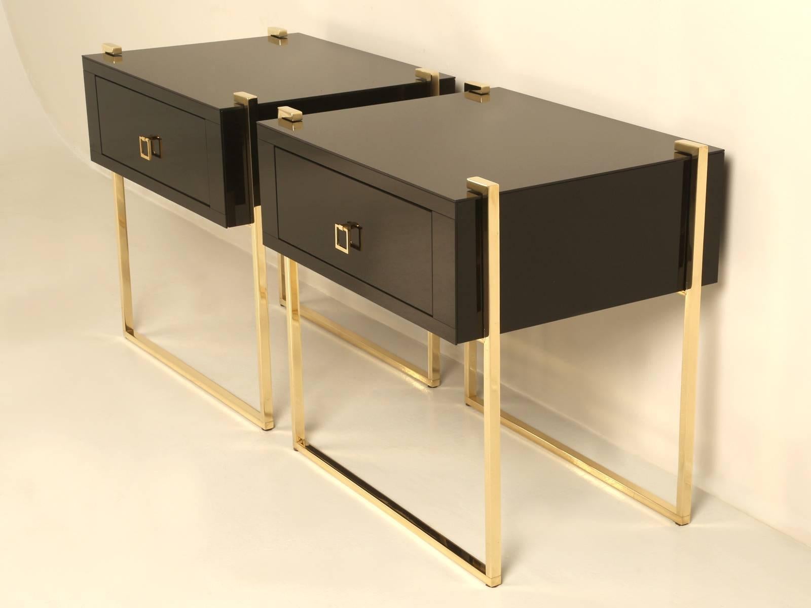 Matched pair of custom handmade nightstands or side tables fabricated by our Old Plank in house cabinet shop, to a very high standard. The brass is solid and polished to a high gloss although a satin finished or nickel plate is optional. The