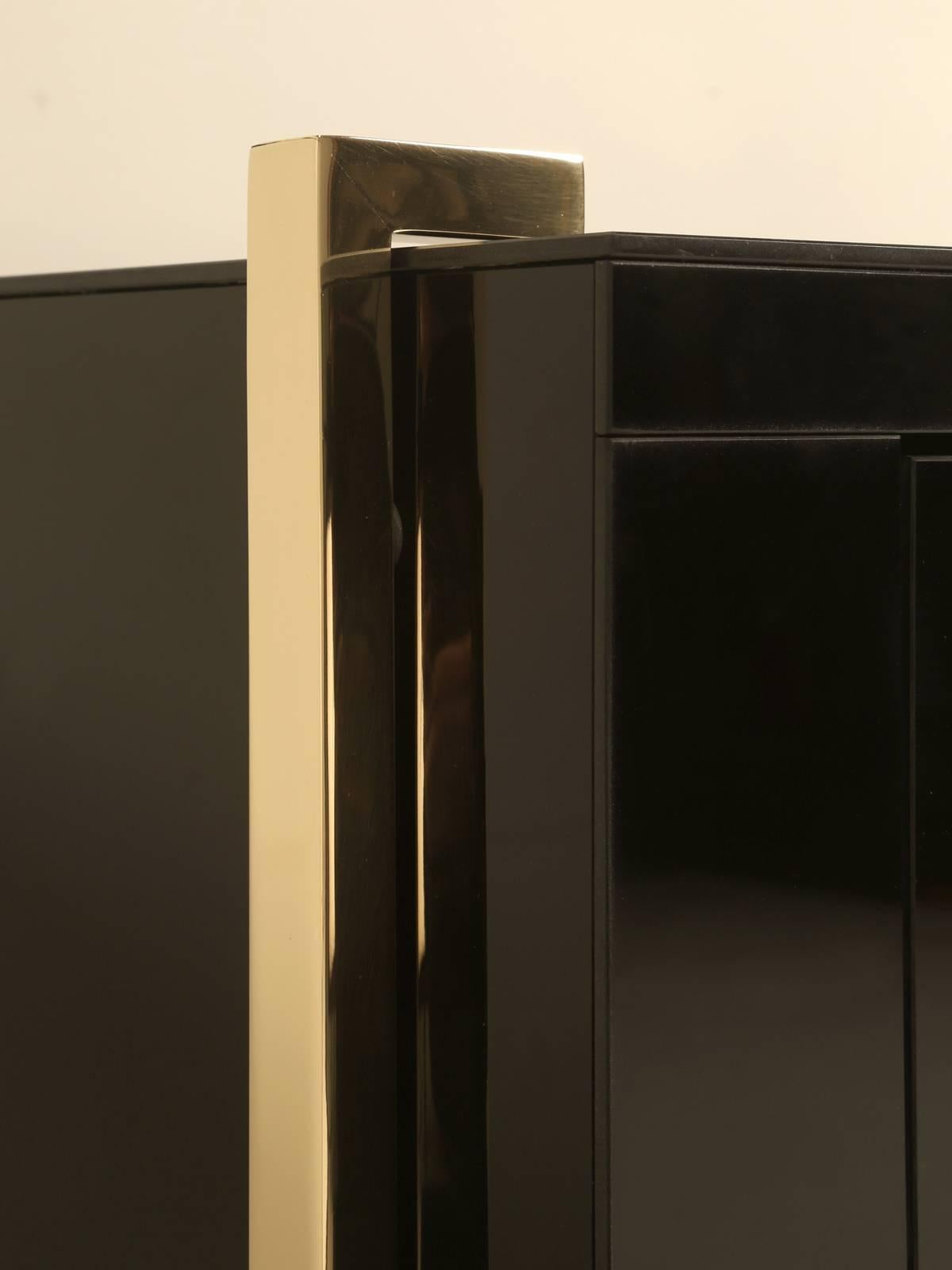 Pair of Custom Black Glass and Brass Night Stands or Side Tables 1