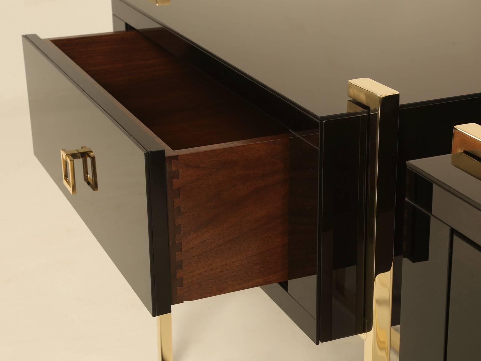 Contemporary Pair of Custom Black Glass and Brass Night Stands or Side Tables