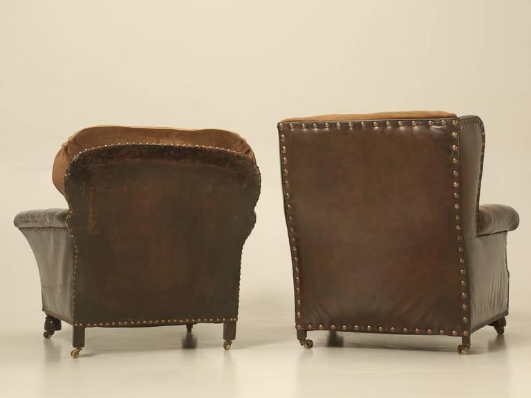 French Leather Club Chairs Mohair Down Filled Cushions, Beyond Comfortable  For Sale 4