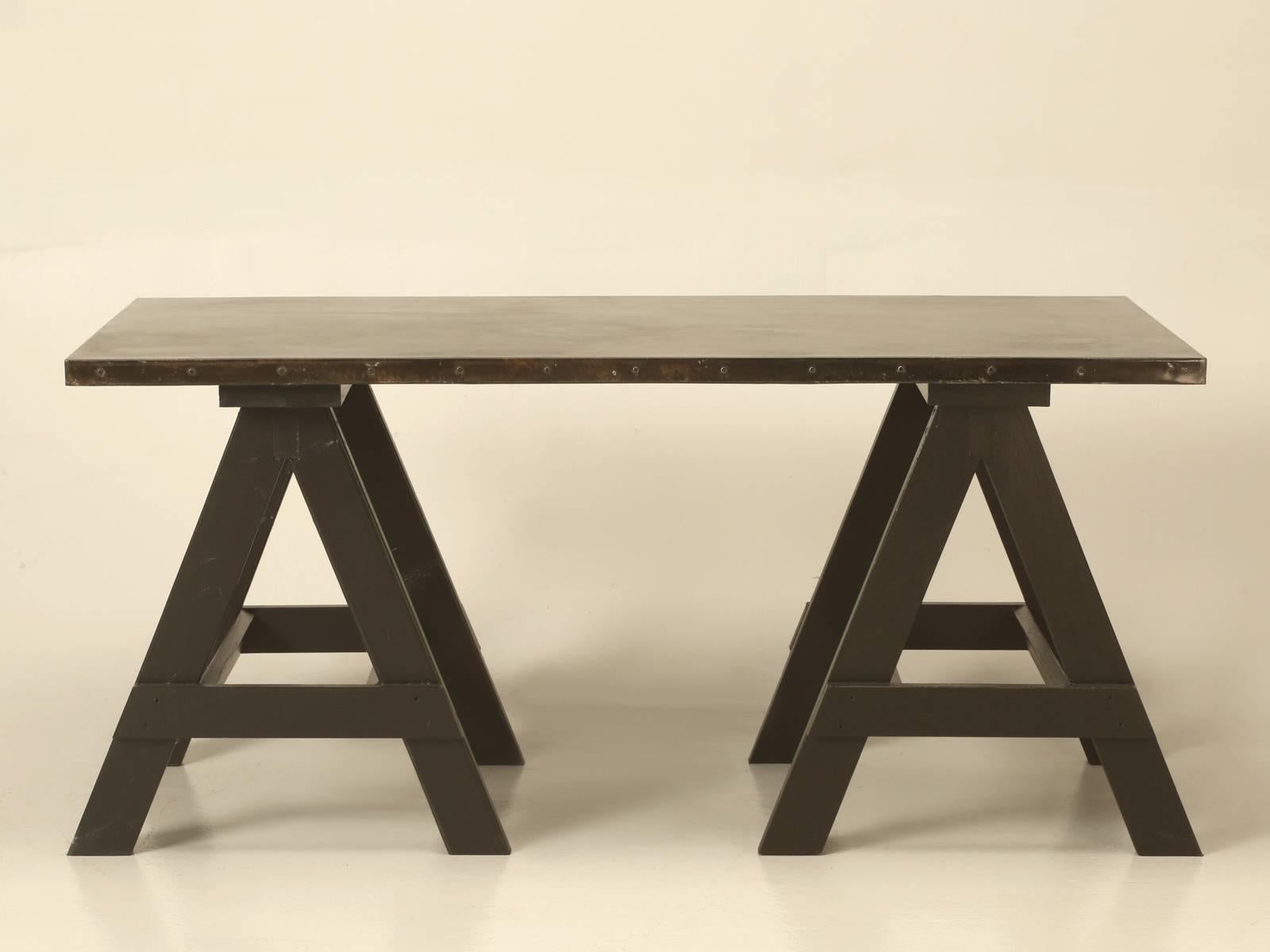 Hand-Crafted Industrial Antiqued Zinc Top Desk, or Kitchen Table On Pair of Sawhorses  For Sale
