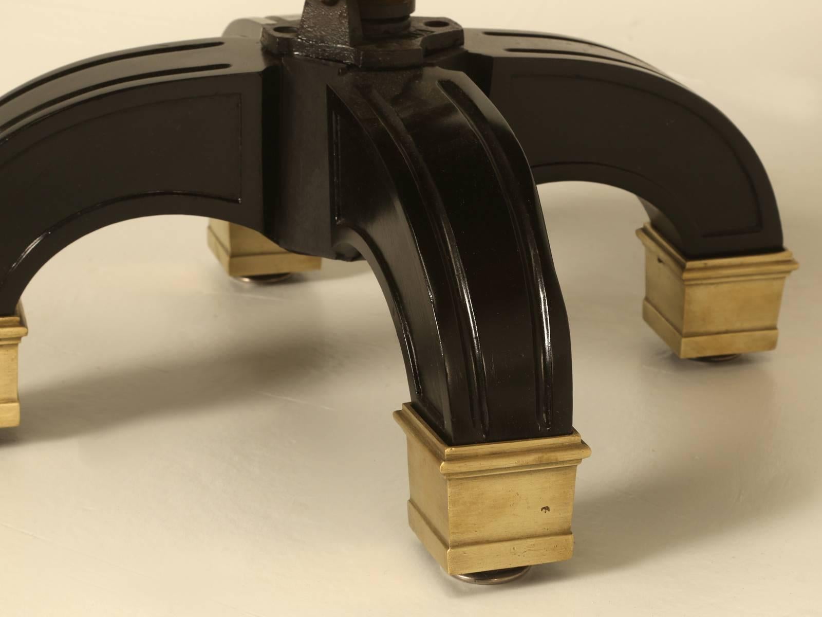 Brass French Louis XVI Style Desk Chair, Ebonized Mahogany with Saddle Leather