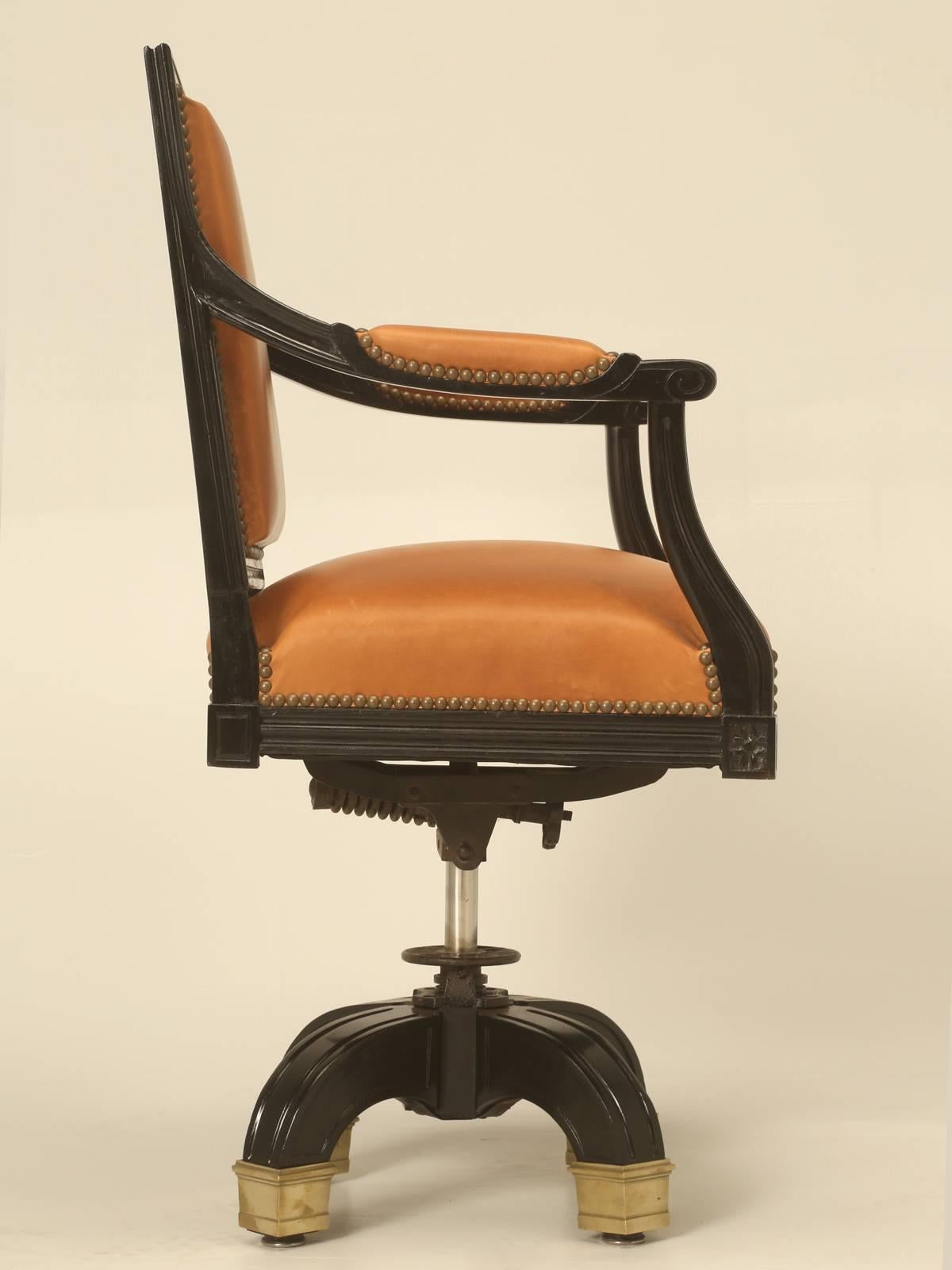French Louis XVI Style Desk Chair, Ebonized Mahogany with Saddle Leather 1