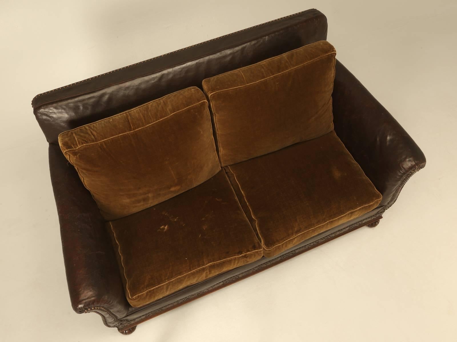 Art Deco Antique French Leather and Velvet Settee from the 1930s