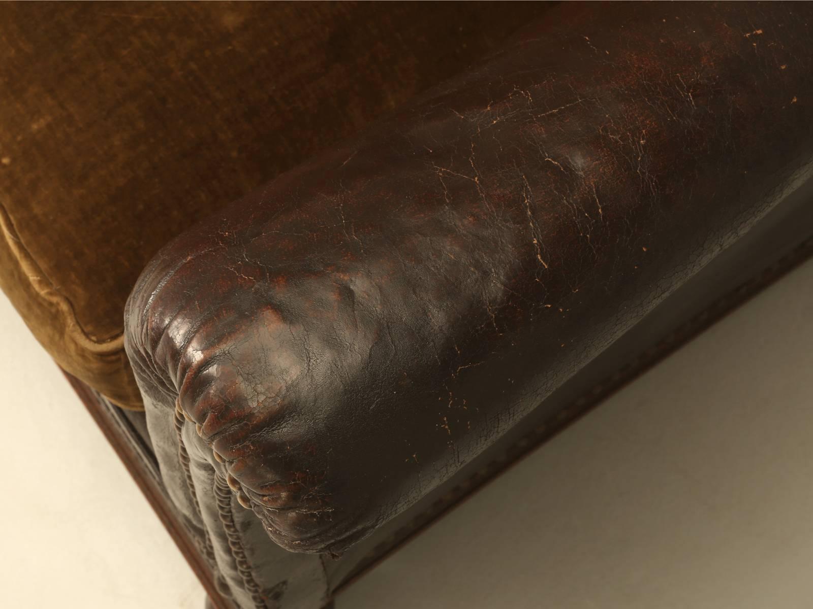 Mid-20th Century Antique French Leather and Velvet Settee from the 1930s