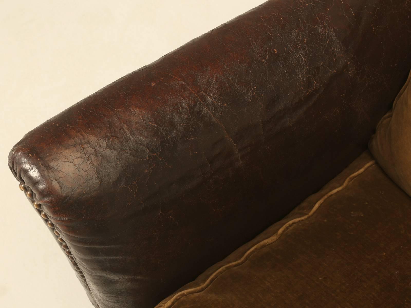 Antique French Leather and Velvet Settee from the 1930s 1