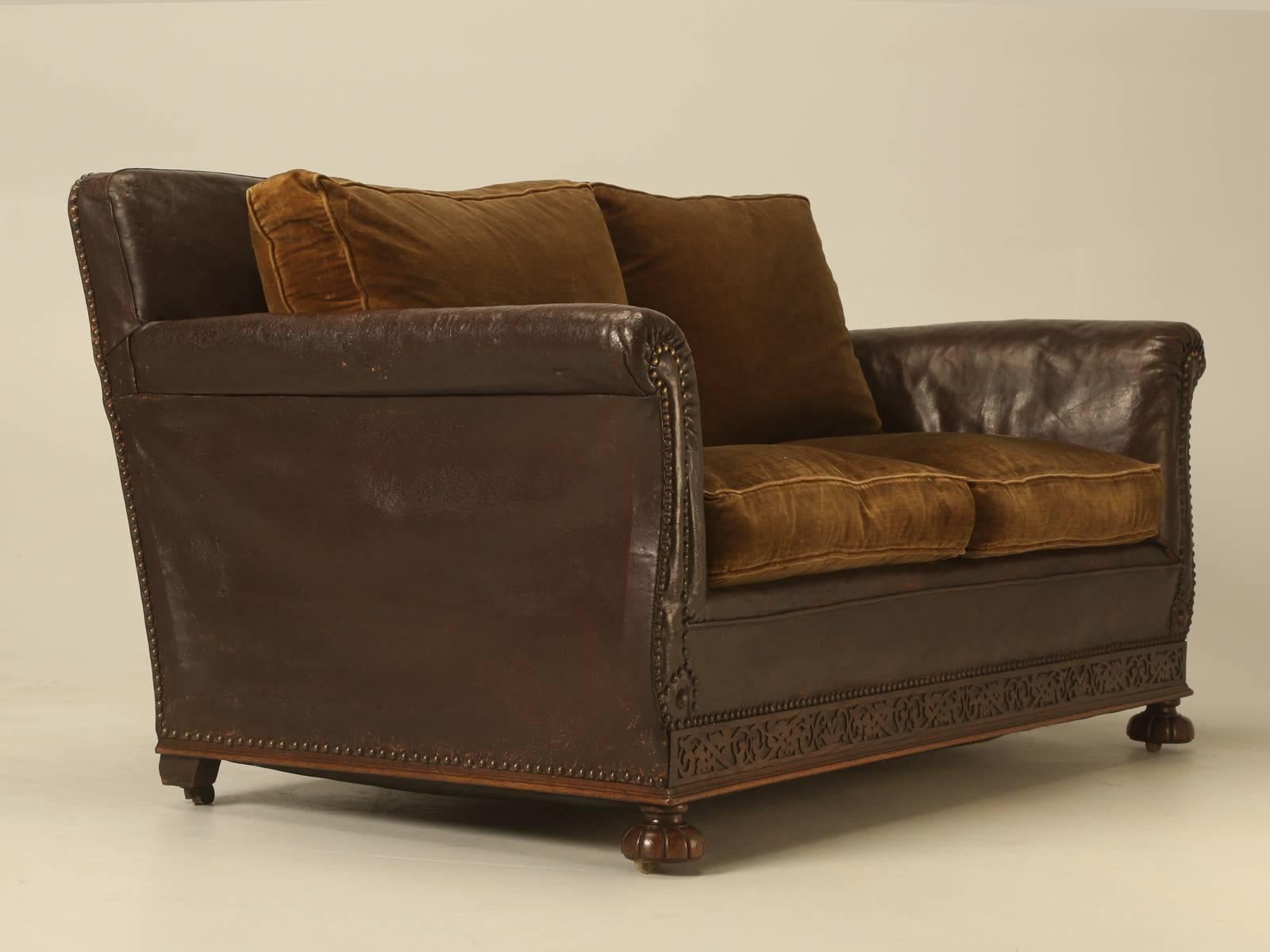 Antique French Leather and Velvet Settee from the 1930s 4