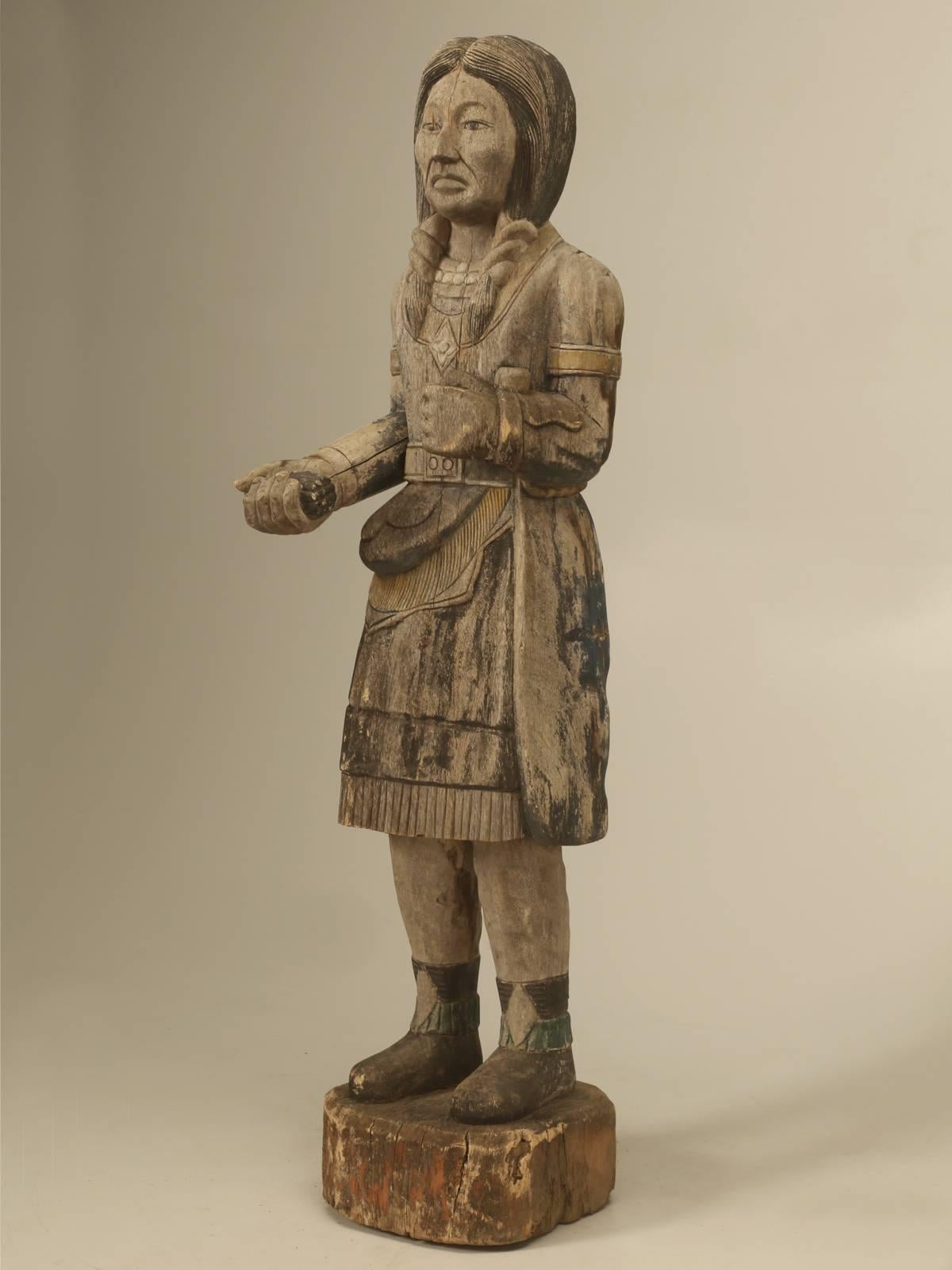 Cigar store Indian and although it appears to be turn-of-the-century, we think it could be made in the 1950s and remains in unrestored condition with great patina.
The Cigar Indians first appeared in the late 1600s on the European continent and