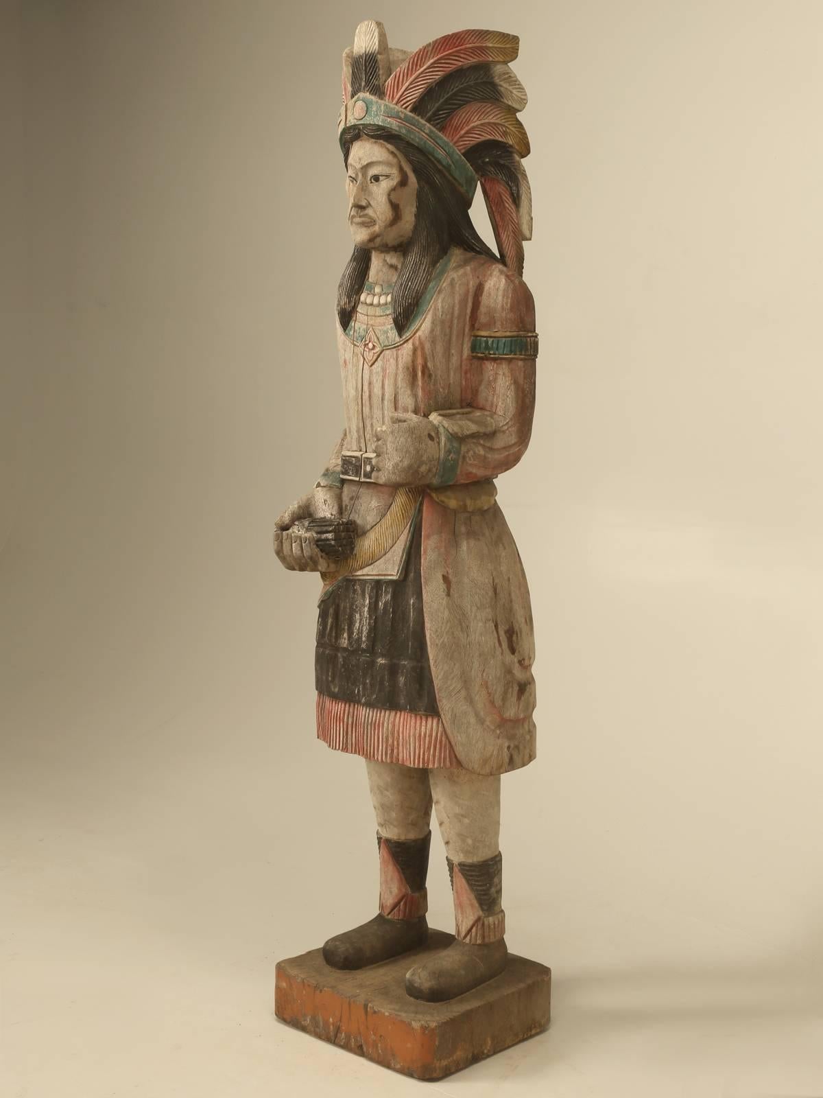 Our store is offering three cigar store Indians on 1stdibs and although they appear to look like turn-of-the-century, we think they are about 50 years old and in unrestored condition.
The Cigar Indians first appeared in the late 1600s in Europe and