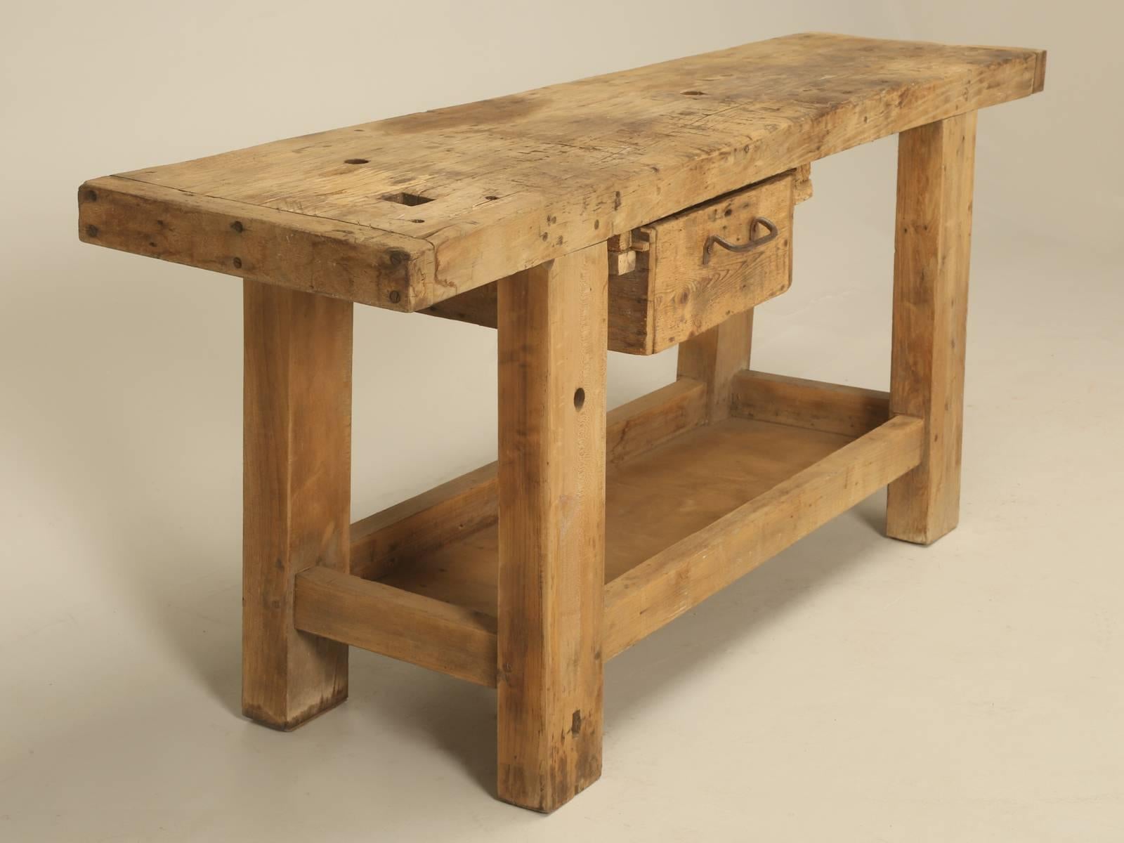 Antique French work bench, in an absolutely as found all original condition. Should you prefer it restored, our Old Plank restoration department is only too happy to assist you. These make for great sofa tables or just against a wall and sometimes