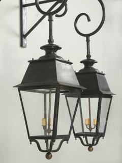 Pair of Antique French Lanterns with Brackets and Handmade Wavy Glass