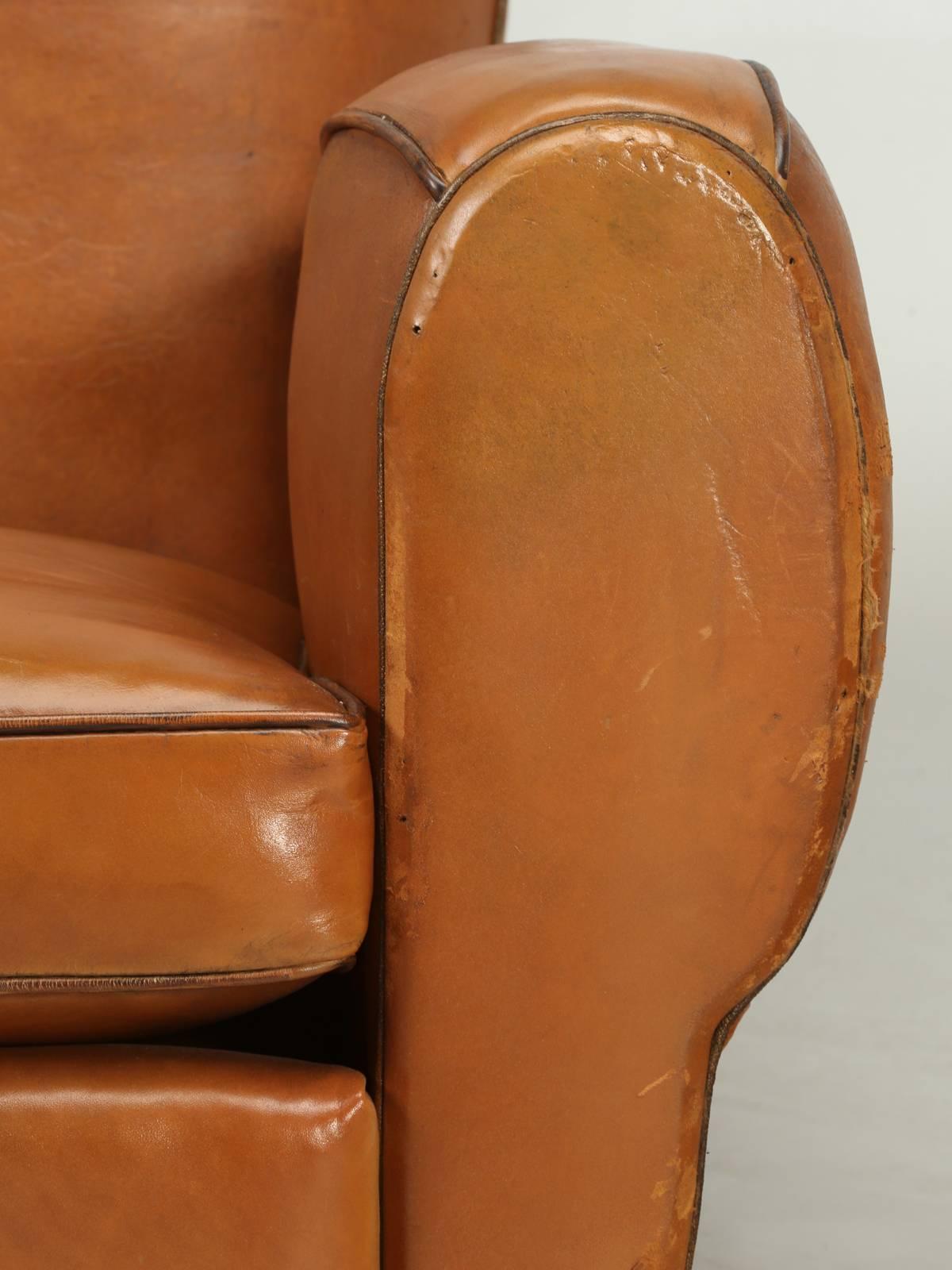 Mid-20th Century French Art Deco, Original Moustache Leather Club Chairs, Correctly Restored