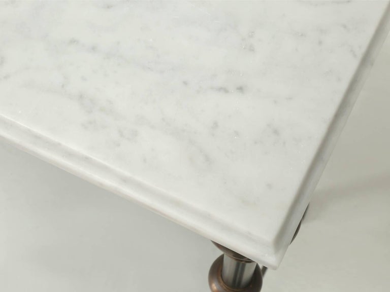 Industrial Old Plank Stainless Steel, Bronze and Carrera Marble Console Tables in Any Size For Sale