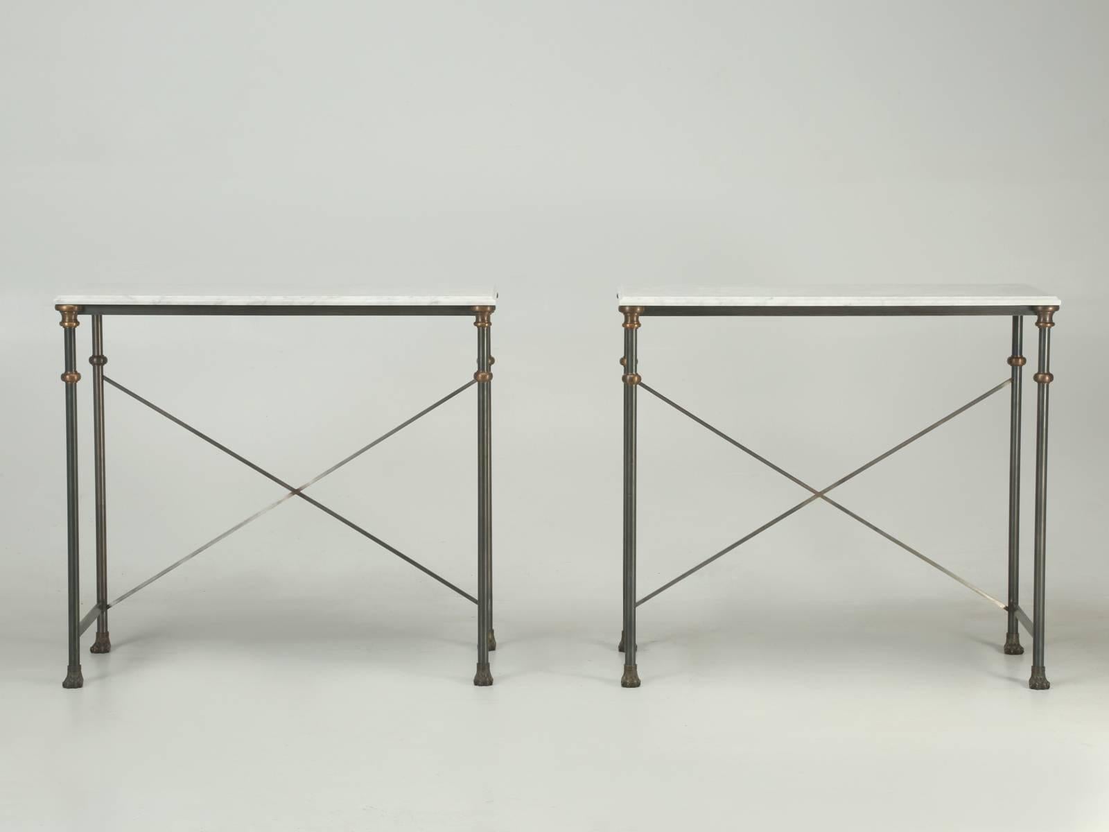 Industrial Old Plank Stainless Steel, Bronze and Carrera Marble Console Tables in Any Size For Sale