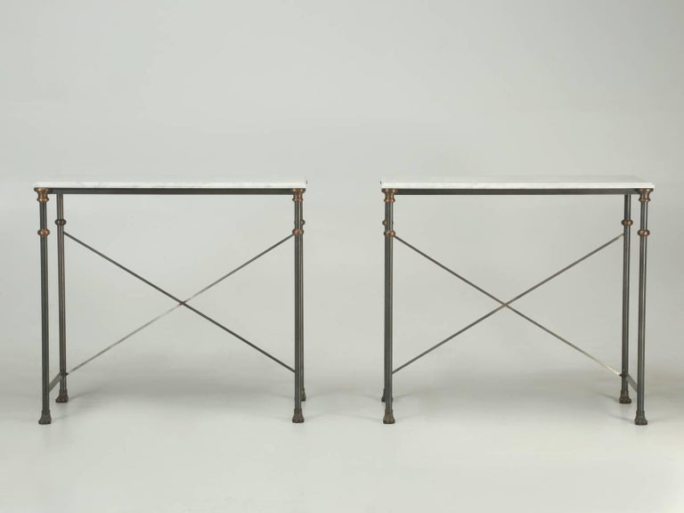 American Old Plank Stainless Steel, Bronze and Carrera Marble Console Tables in Any Size For Sale