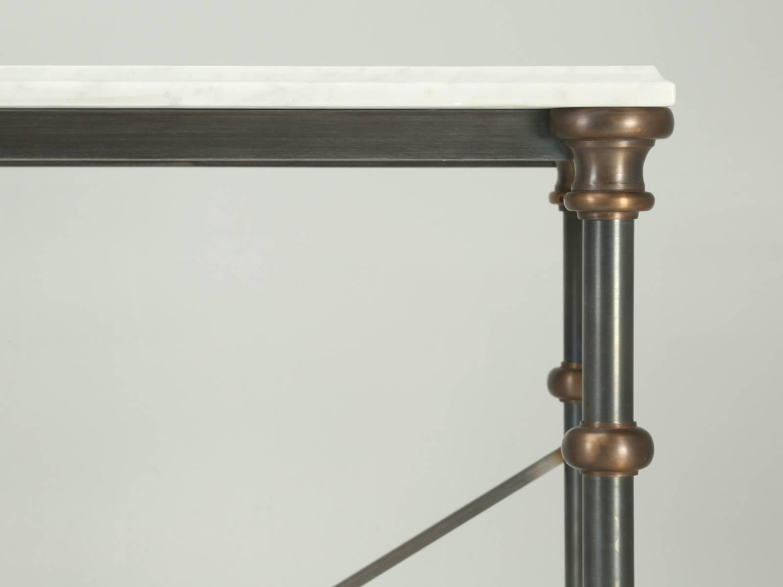 American Old Plank Stainless Steel, Bronze and Carrera Marble Console Tables in Any Size For Sale