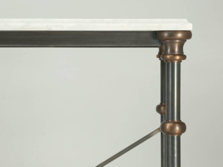 Hand-Crafted Old Plank Stainless Steel, Bronze and Carrera Marble Console Tables in Any Size For Sale