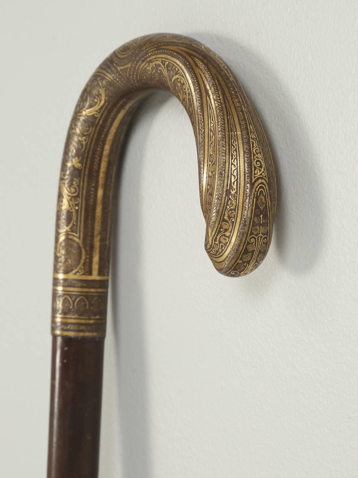 Antique French Brass Crook Handle Walking Stick or Cane In Fair Condition In Chicago, IL