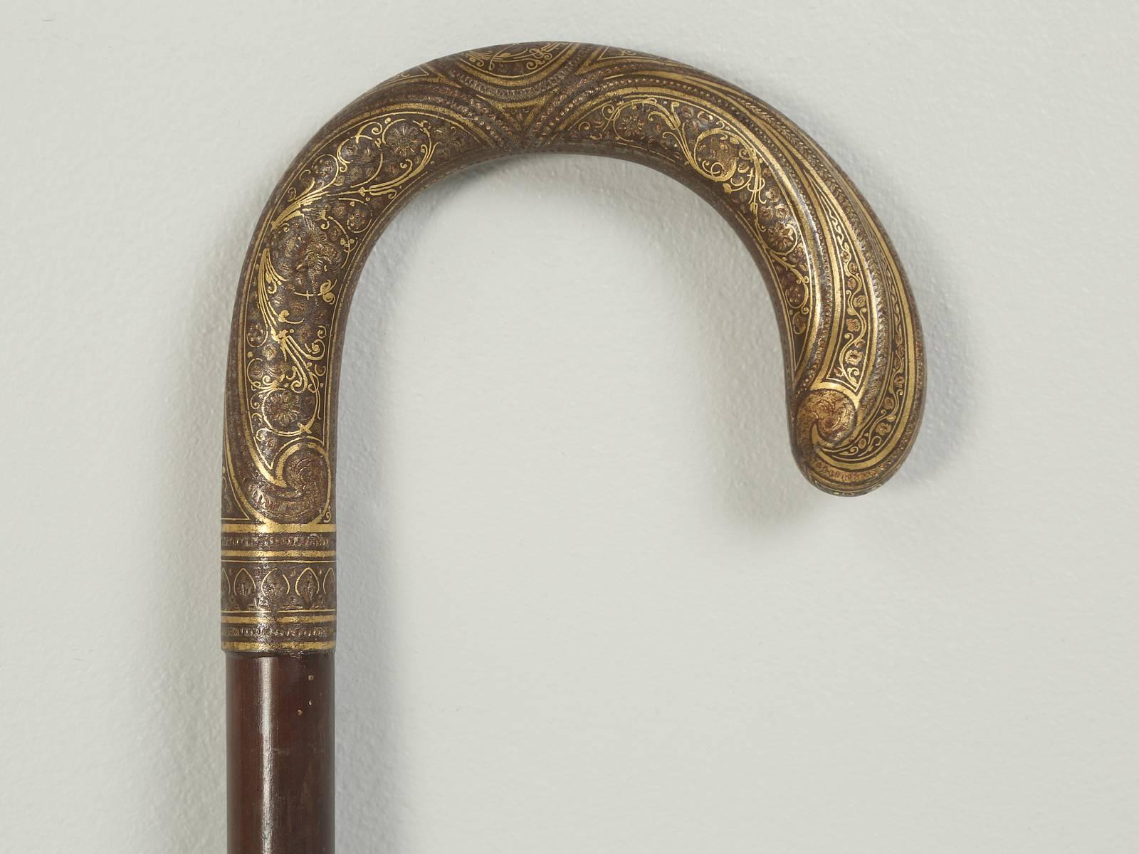 Mid-20th Century Antique French Brass Crook Handle Walking Stick or Cane