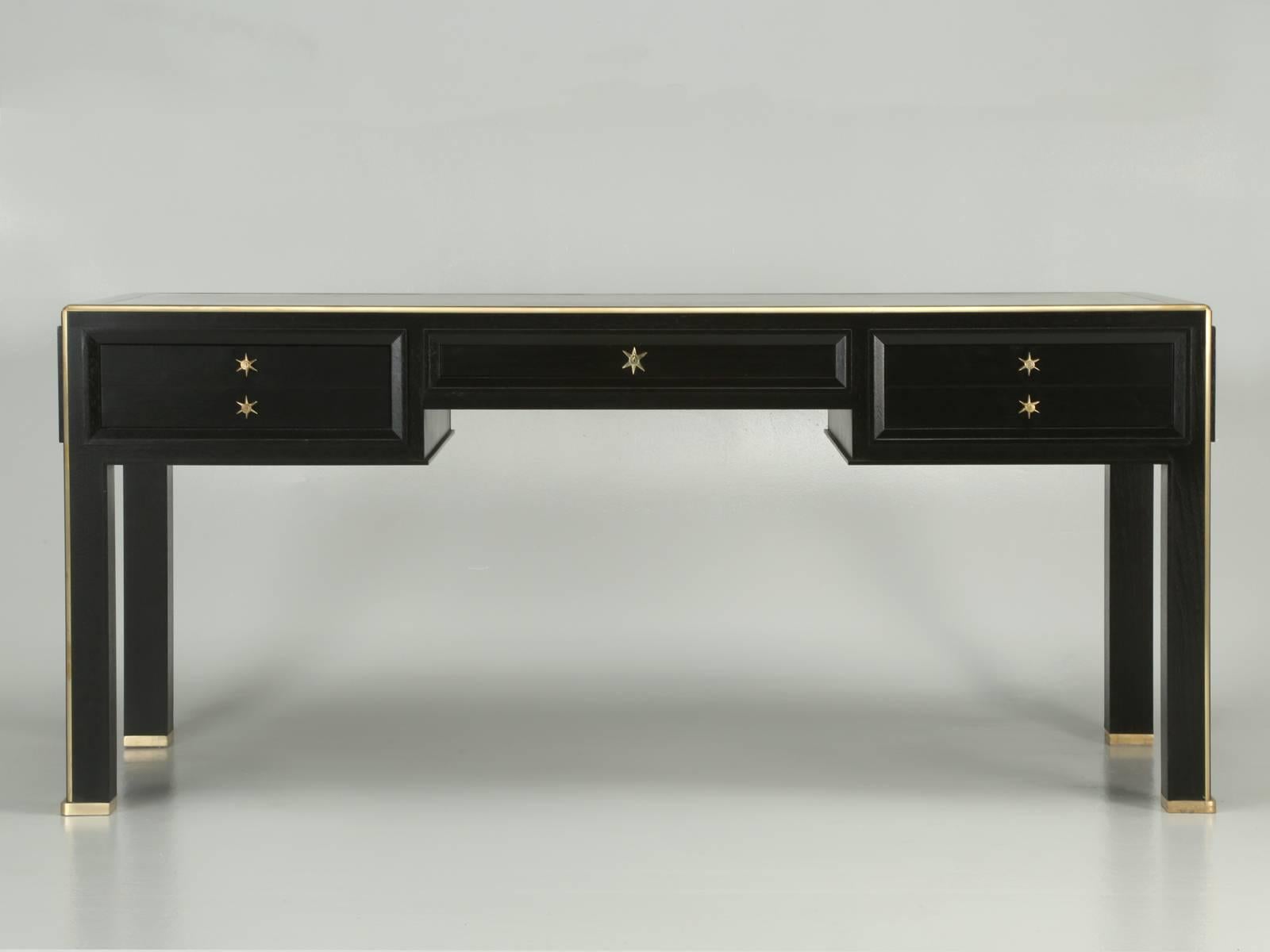Ebonized Jacques Adnet Inspired Desk in Solid Mahogany and Solid Brass Trim in Any Size For Sale