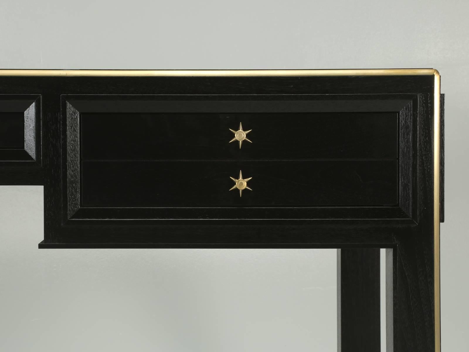 Jacques Adnet Inspired Desk in Solid Mahogany and Solid Brass Trim in Any Size In New Condition For Sale In Chicago, IL