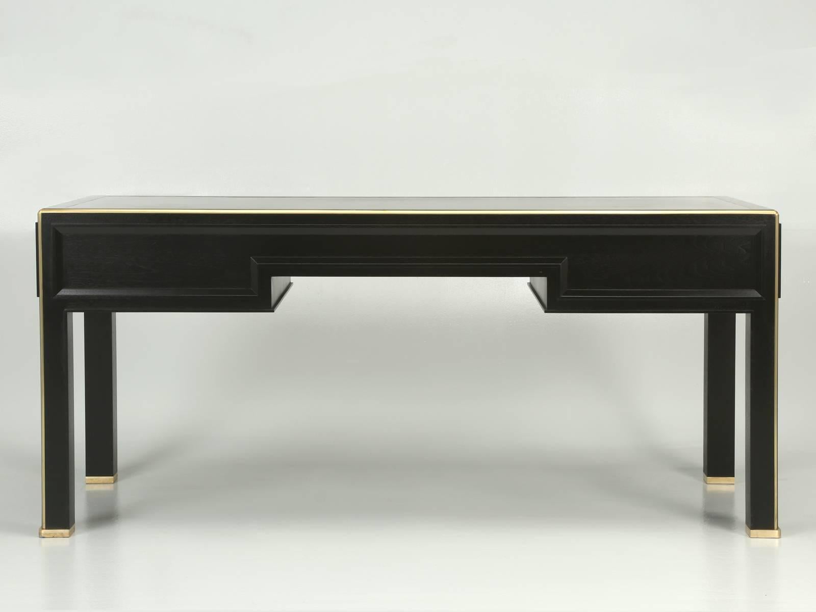 Jacques Adnet Inspired Desk in Solid Mahogany and Solid Brass Trim in Any Size For Sale 2