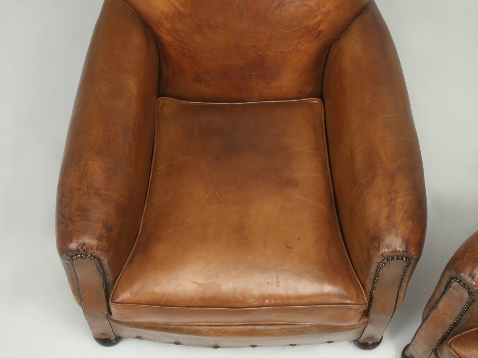 French Art Deco Original Leather Club Chairs In Good Condition In Chicago, IL