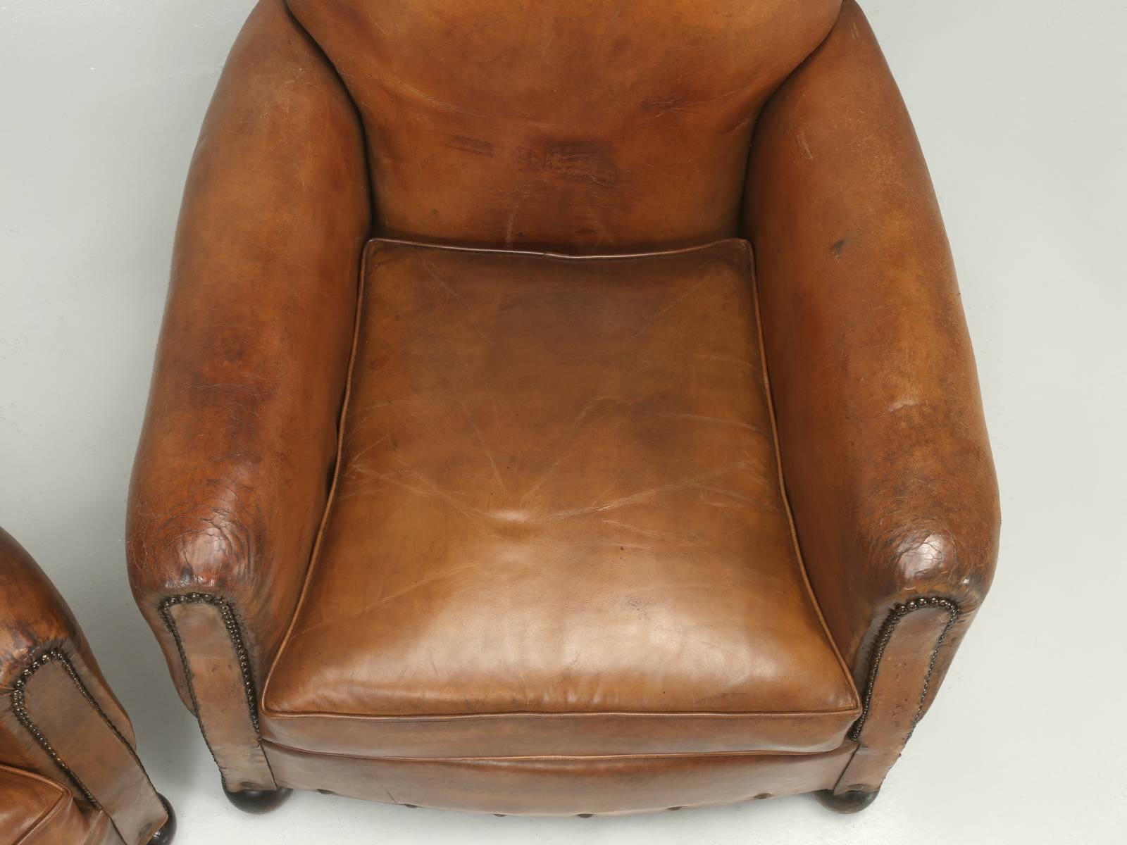 Mid-19th Century French Art Deco Original Leather Club Chairs