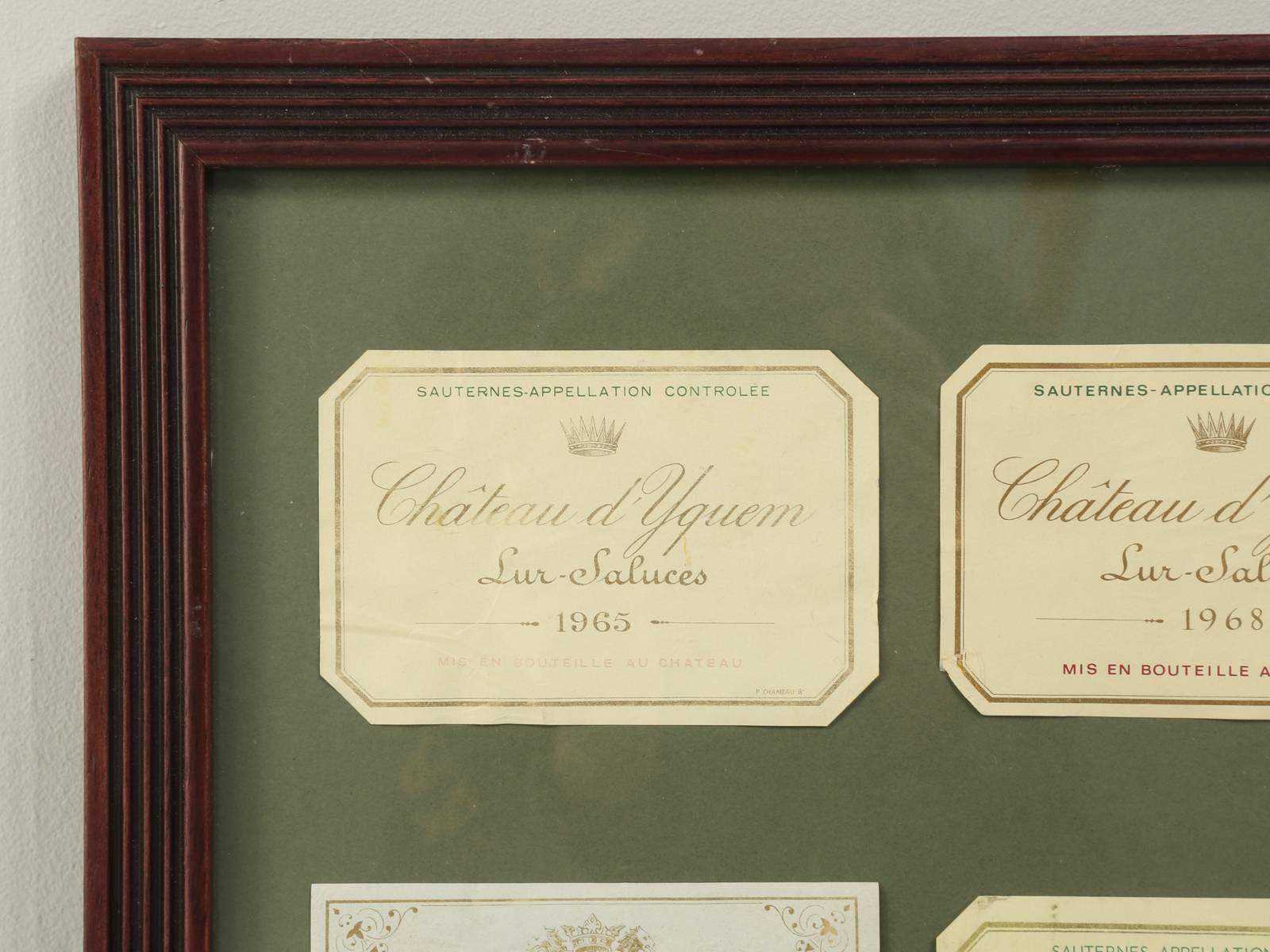 Collection of six old French wine labels, beginning with a 1949 Chateau Rabaud, Premier Cru Class Sauterne, up to a 1968 Chateau d’ Yquem.