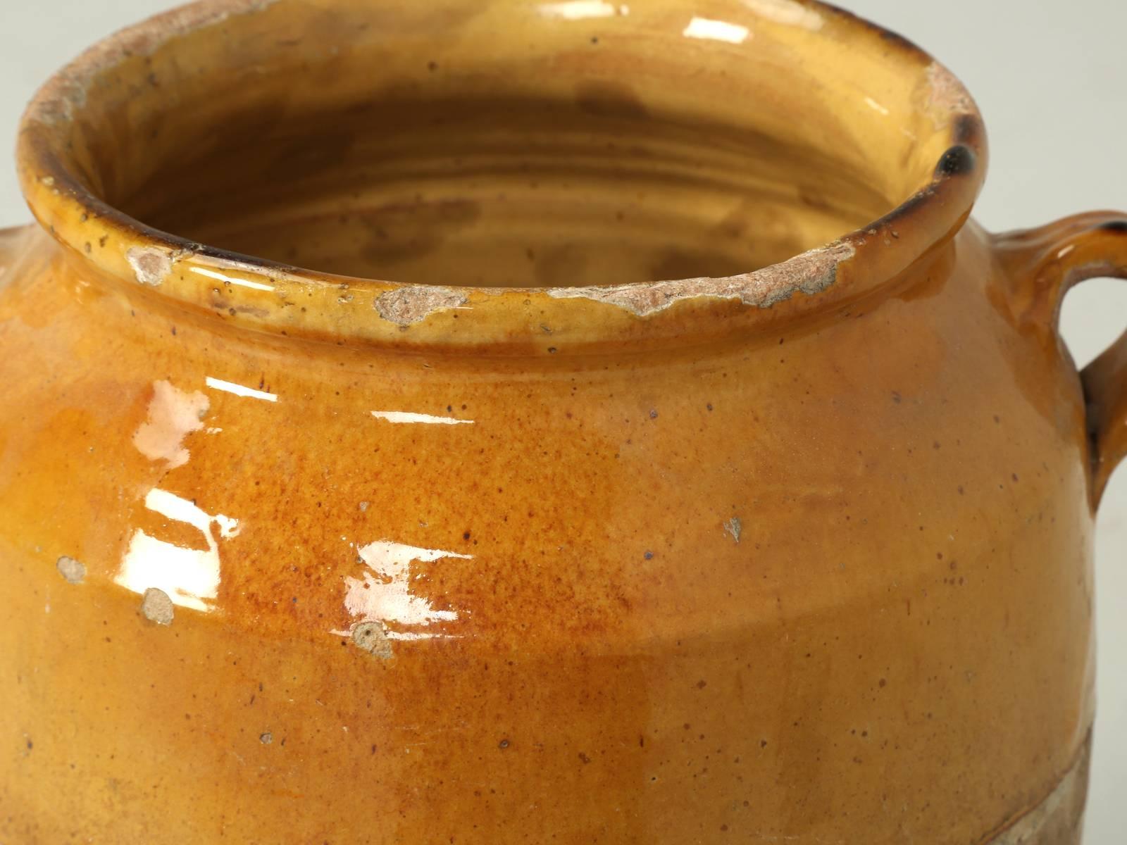 Fired Antique French Confit Pot Hand-Thrown in the Classic Mustard Glaze No Repairs For Sale