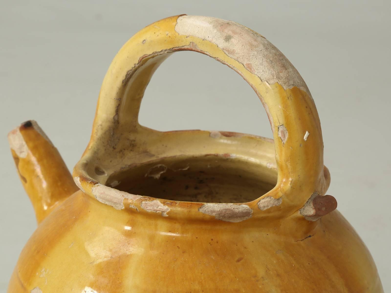 Fired Antique French Ceramic Water Pitcher, or 'Cruche' Missing Small Side Handle For Sale