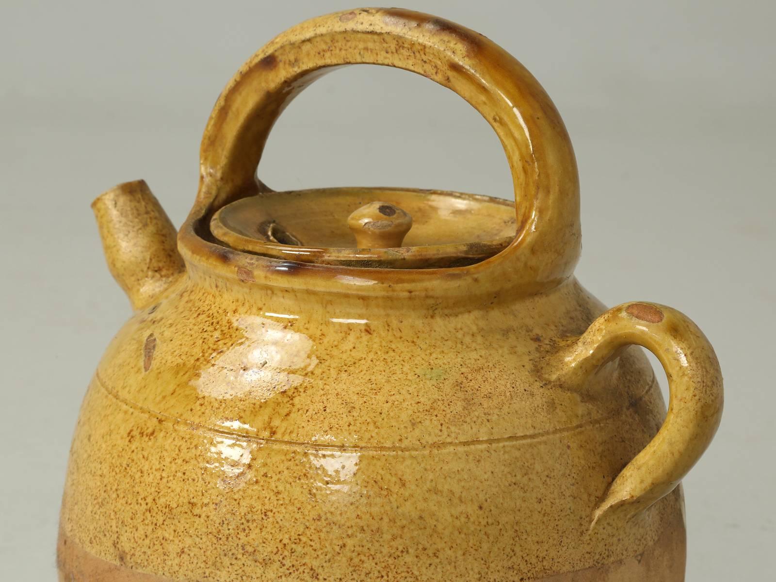 Glazed Antique French Authentic Ceramic Water Pitcher, or 'Cruche' with Handle and Lid For Sale