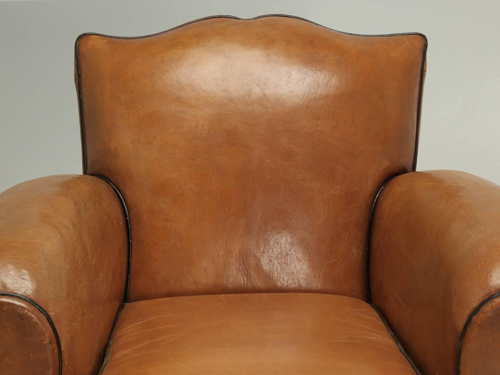 French Leather Club Chairs and nothing says it any clearer, than a pair of “Moustache Style” French club chairs. The moustache style club chair, has been for decades, the most desirable and sought-after design and to find a pair in this condition,