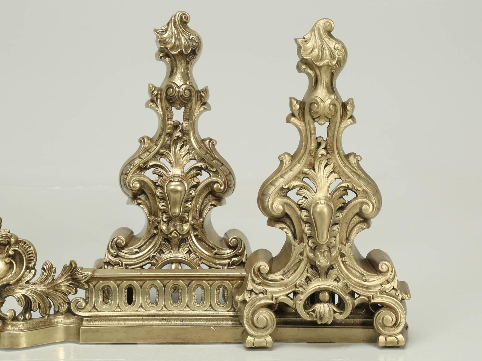 Rococo Revival Antique French Andirons with Their Original Matching Fender in Bronze c1800's For Sale