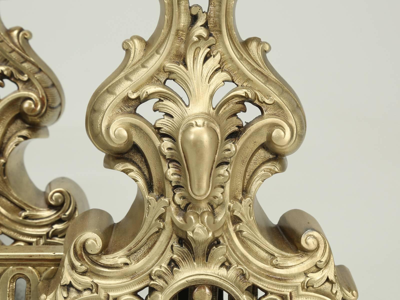Cast Antique French Andirons with Their Original Matching Fender in Bronze c1800's For Sale