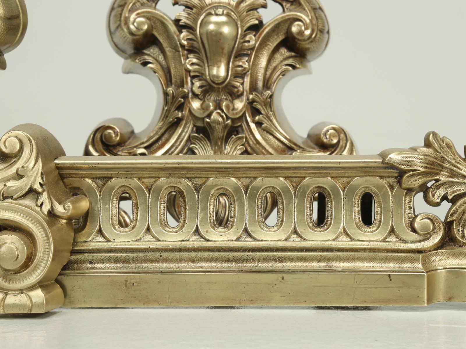 Late 19th Century Antique French Andirons with Their Original Matching Fender in Bronze c1800's For Sale