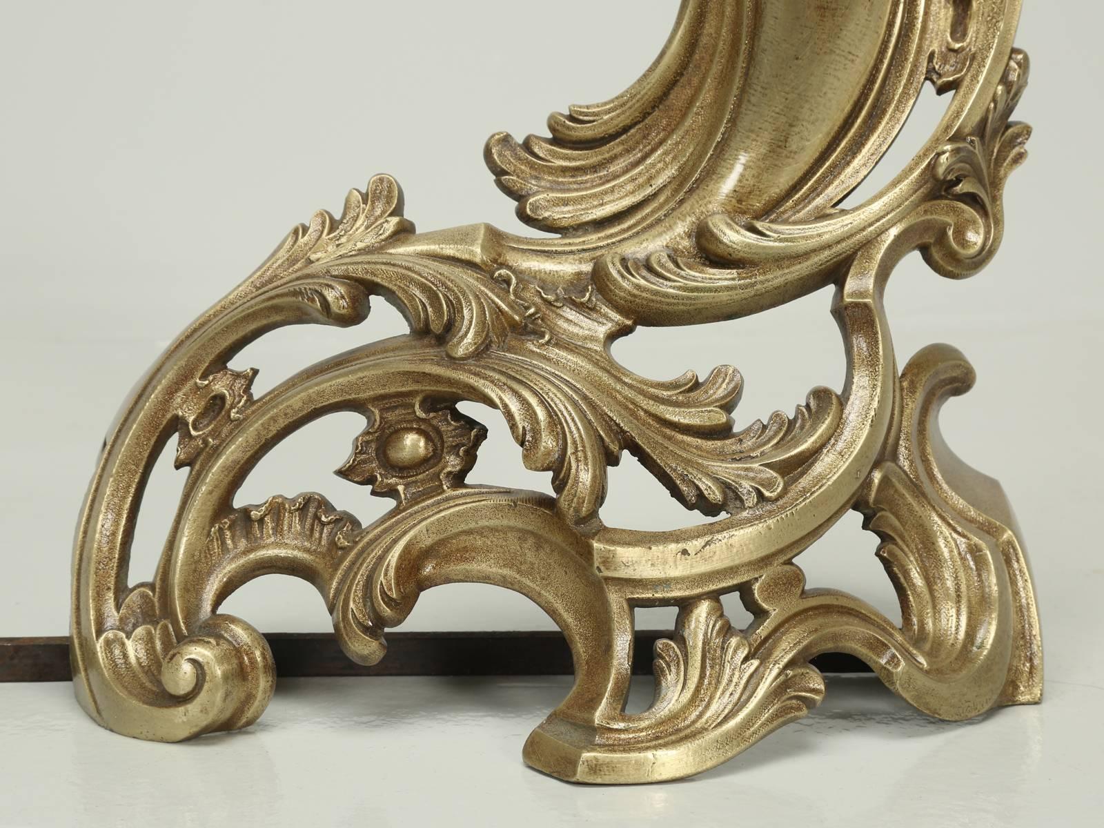 Antique French Solid Bronze Andirons or Chenets in a Rococo Style  In Good Condition For Sale In Chicago, IL