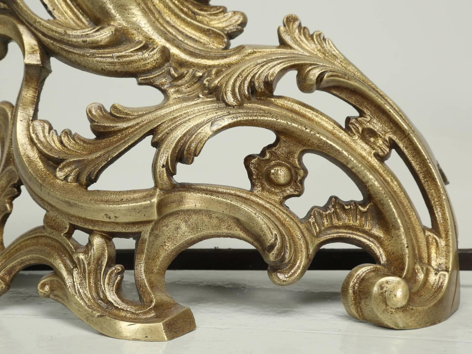 Antique French Solid Bronze Andirons or Chenets in a Rococo Style  For Sale 1
