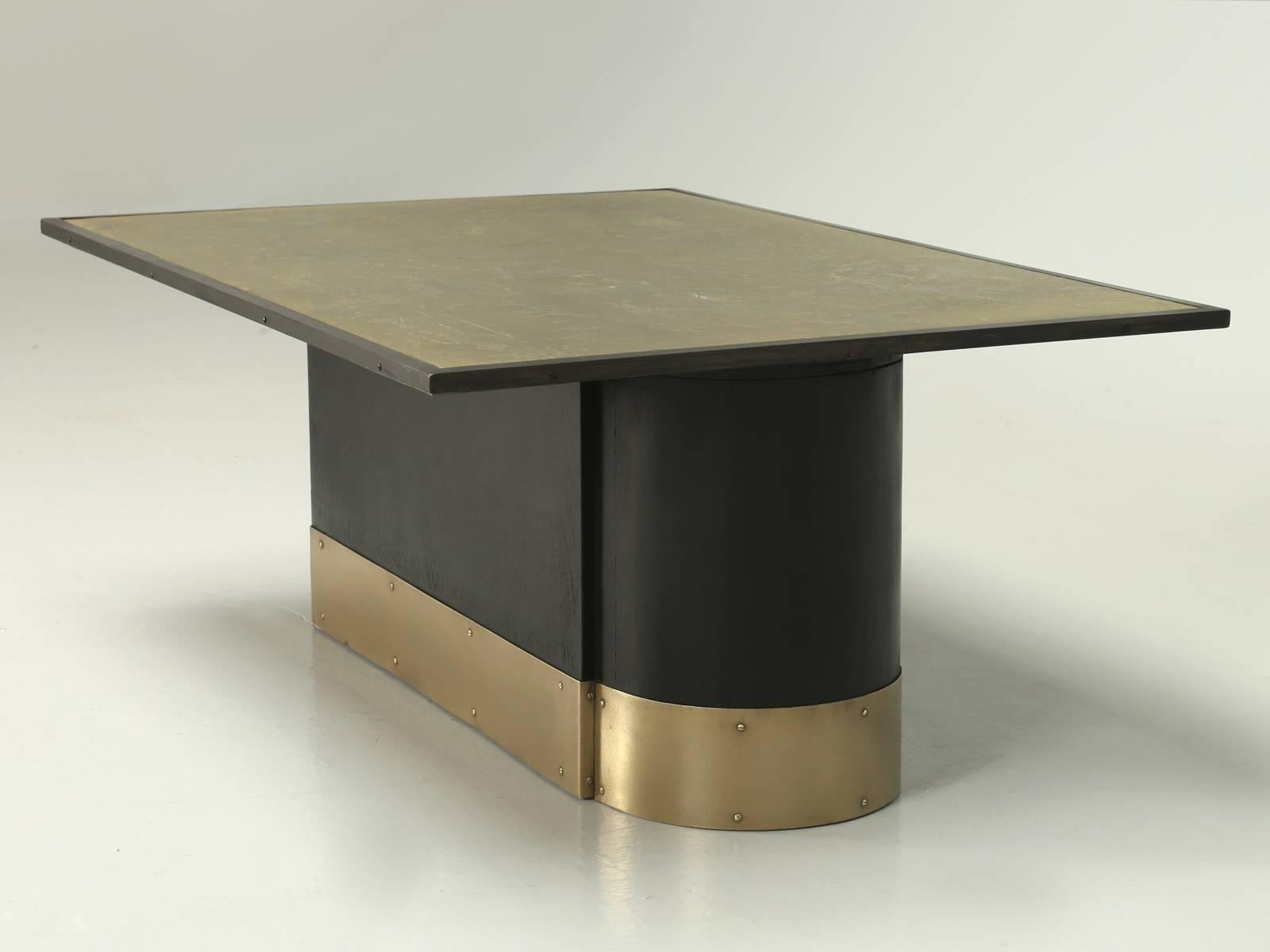 Art Deco coffee or cocktail table with a textured bronzed top and by that, I mean, the coffee table top has a sprayed-on bronze finish, made from real bronze fines. This is not a paint, but rather a metal finish that will age like a bronze